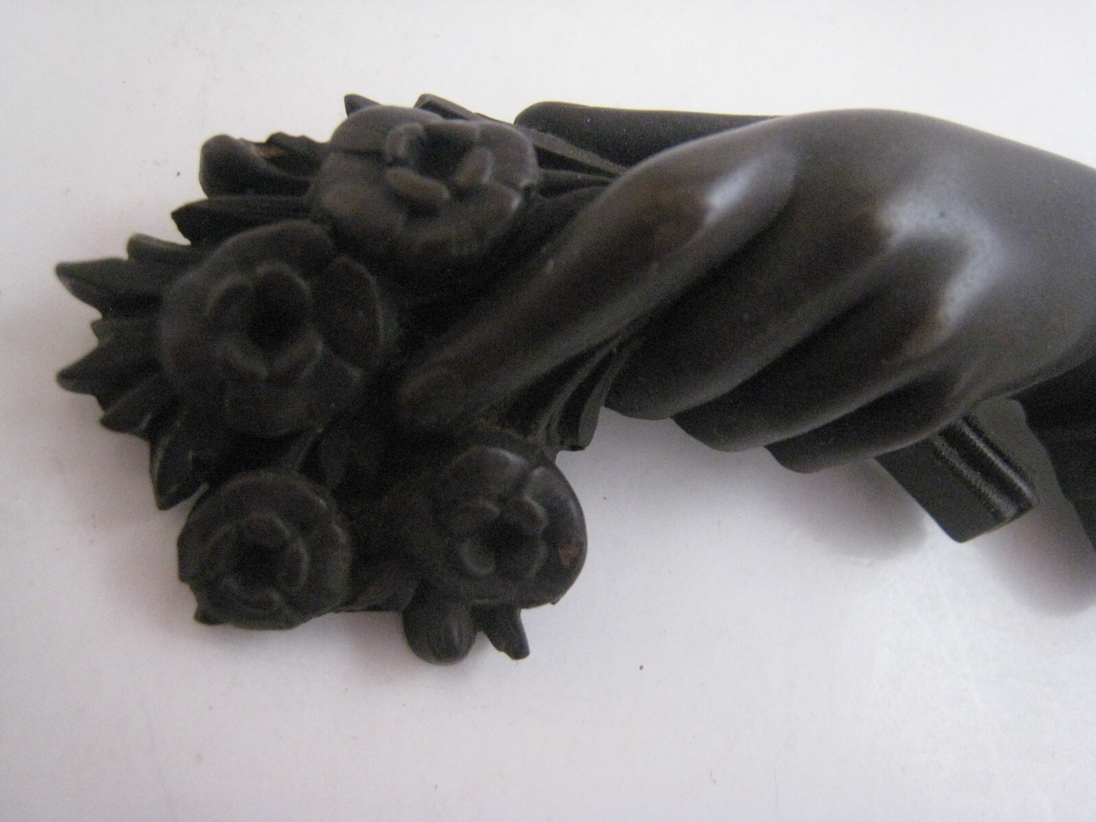 Antique Mourning Gutta Percha Pin .. Hand, Flowers, 1… Gem