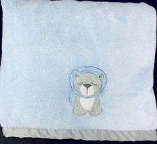 Just Born Blue Baby Blanket Gray Lion Satin Trim Plush  Lovey Security 2017 Boy