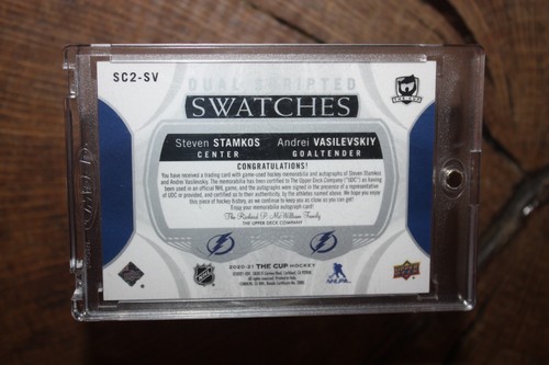 Tarjeta de muestras de doble guión 2020-21 Upper Deck The Cup Stamkos Vasilevskiy 8/15 - Imagen 2 de 2