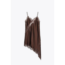 New Zara Medium Brown Asymmetrical Satin Lace Dress