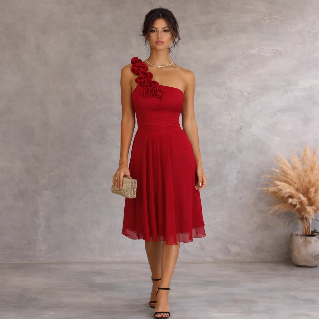 Chiffon One Shoulder Red Dresses for Women for sale