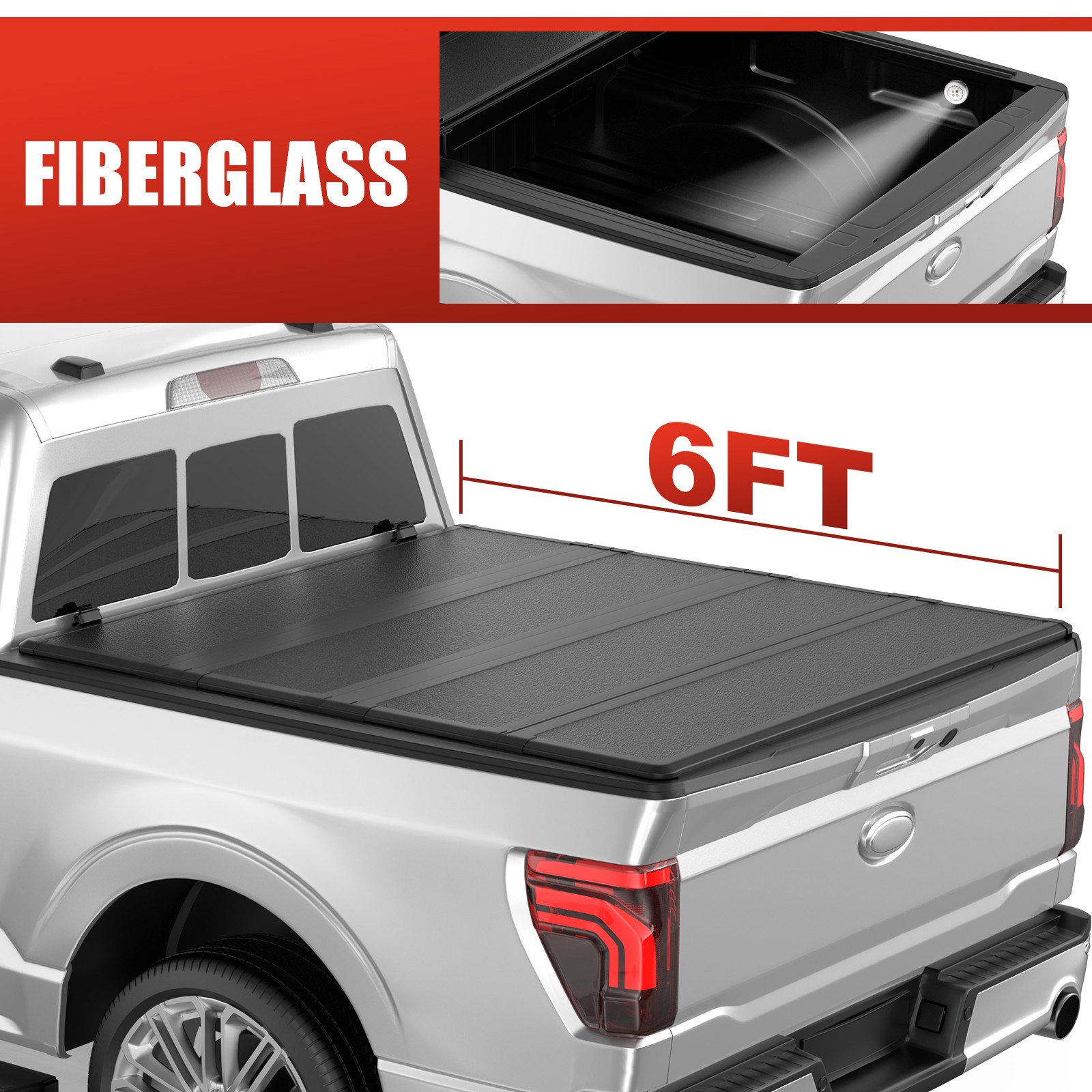 6FT FRP Hard Tonneau Cover 4-Fold For 2024-2026 Toyota Tacoma Truck W/ Short Bed