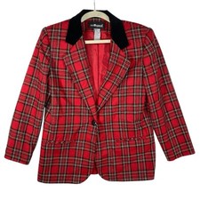 Sag Harbor Vintage Red Plaid Blazer 8P Velvet Collar Wool Blend Dark Academia
