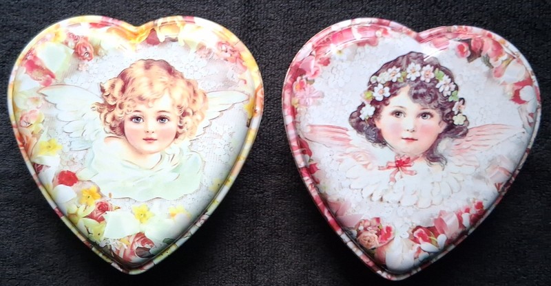 Set of 2 Ullman Company Heart-Shaped Plastic Trinket Box Floral Design Cherubs