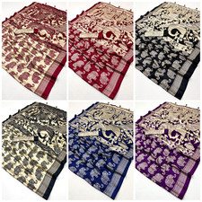 Women Ajrakh Print Saree Semi Modal Indian Ethnic Sari with Blouse Piece