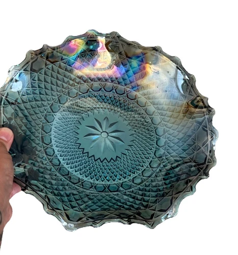 Vintage Blue Iridescent Carnival Glass Diamond Cut Ruffle Edge 10” Dish, Bowl
