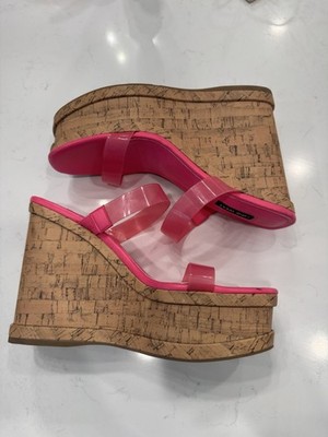 Nine West Rapps platform wedge sandal in neon pink with clear straps - Size 9