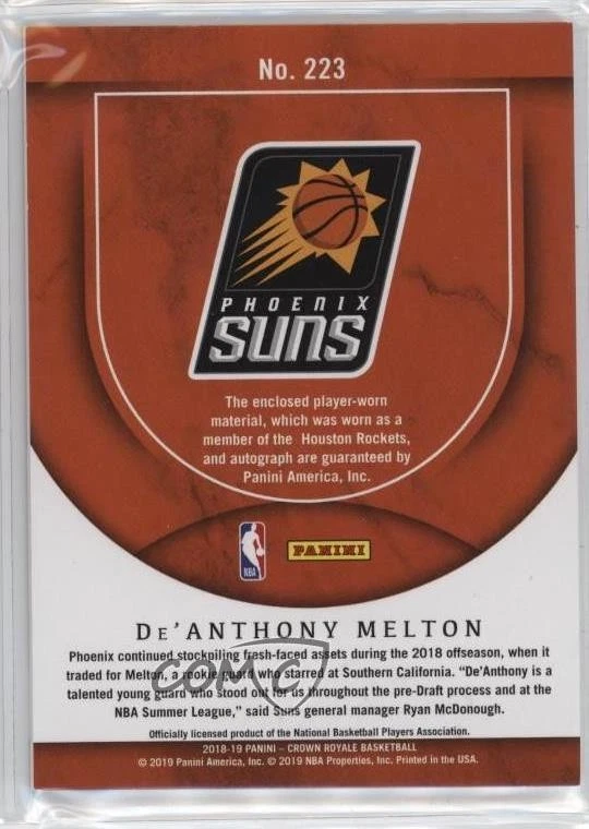 2018 Panini Crown Royale Silhouettes /199 De'Anthony Melton #223 Rookie Auto RC - Image 2 of 2