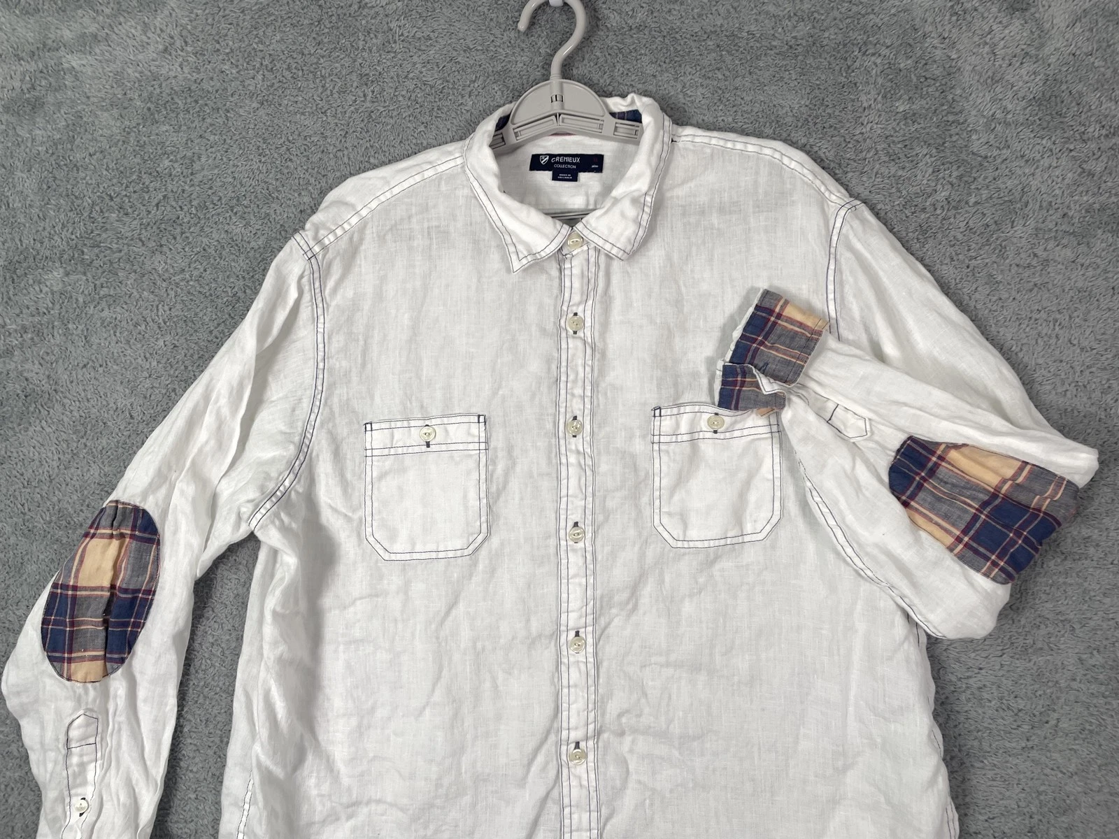 Cremieux Shirt Mens XL White Linen Button Up LS Plaid Elbow Patches Flip Cuff