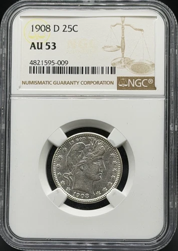 1908 D SILVER UNITED STATES BARBER QUARTER 25C COIN NGC ABOUT UNC 53 AU53