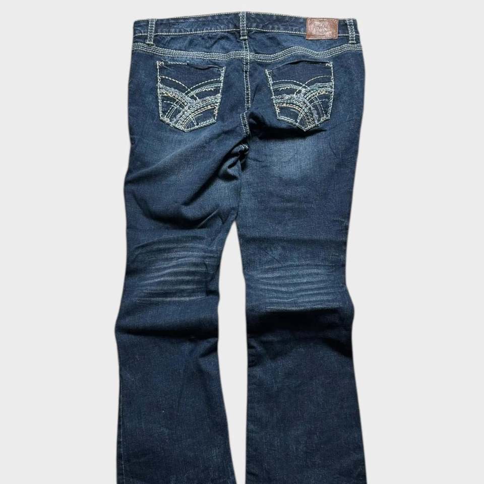 Pantalones de mezclilla vintage Ariya para mujer Y2K bordados holgados corte bota pierna ancha 40x33 Foto 3 de 4