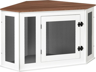 Corner Dog Crate Furniture, Wooden Dog Kennel End Table, Decorative Pet Crate In