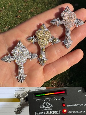MOISSANITE Cross W. Rose Thorns Pendant Iced Necklace Real 925