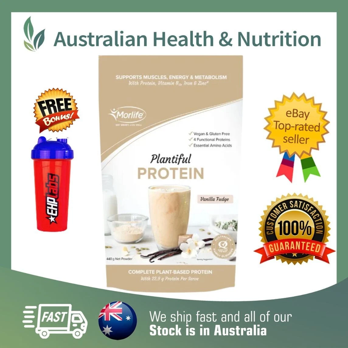 MORLIFE PLANTIFUL PROTEIN VANILLA FUDGE + FREE SAME DAY SHIPPING & SHAKER