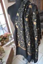 BLACK KASHMIRI MICRO EMBROIDERED LARGE SHAWL WOOL PASHMINA EMBROIDERY