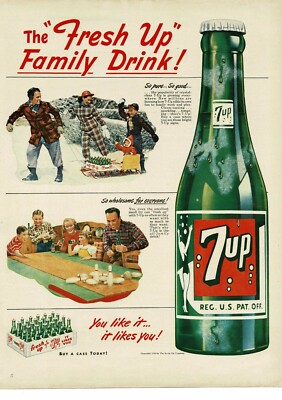 1950 7 UP Soda The Fresh Up Family Drink sledding tabletop bowling Vintage Ad 