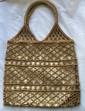 Vintage Crochet Jute Handbag Tan Cream Fabric Lining Double Handles 13 W 12 H