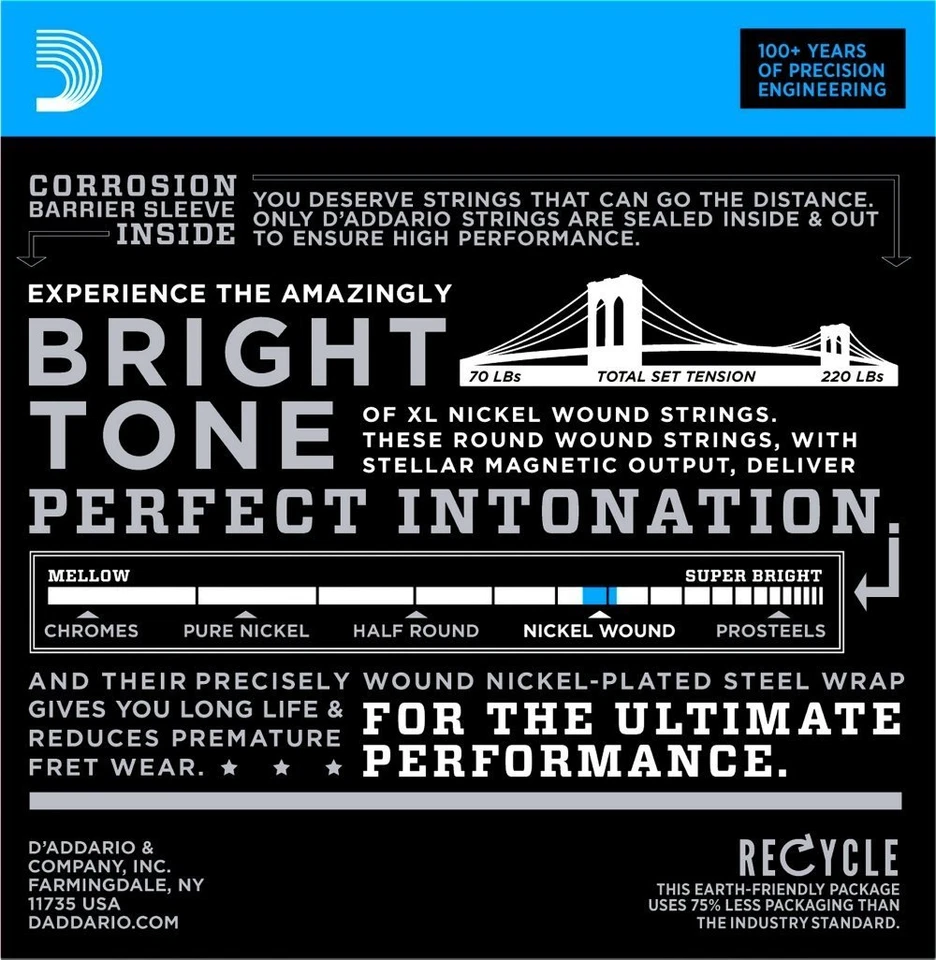 Paquete de 3 cuerdas para guitarra eléctrica D'Addario EXL110 10-46 luces EXL110-3D juegos Foto 4 de 4