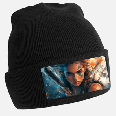 Black Beanie Hat with Cool Warrior Motif - Unisex Cap, Cotton