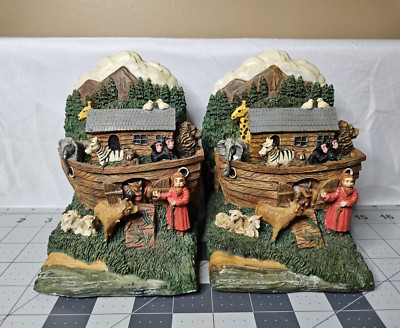Vintage 1995 Noah's Ark Book Ends Pair Heavy 6'' Tall Resin Detailed