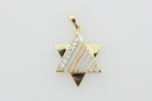 14K Tricolor Gold Diagonal Ripple Pattern Jewish Star Of David Charm Pendant - Picture 5 of 8