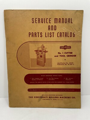 Service Manual and Parts List Catalog Milling Machine Co Manual Cincinnati 1956