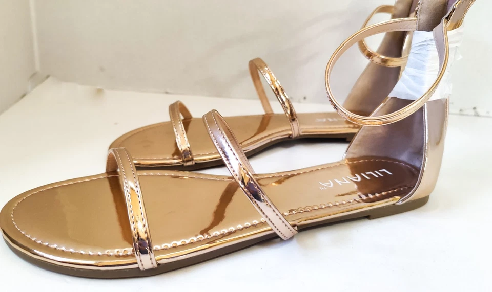 Sandalias planas Liliana Jagger-8 metálicas de oro rosa con tiras TALLA 9 NUEVAS EN CAJA Foto 3 de 4