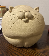 Large Fat Cat Piggy Bank Art Pottery 7.5" x 8" With Cork