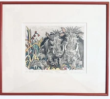 Marsha Heatwole Signed Print "At Home With the Warthogs" #135/200 Framed Etching