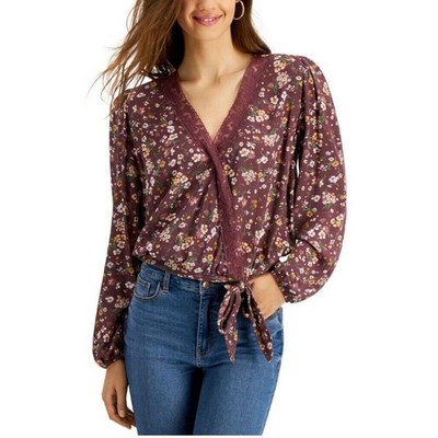 Self Esteem Women's Lace-Trim Printed Surplice Top Blouse Large Flowers Brown
