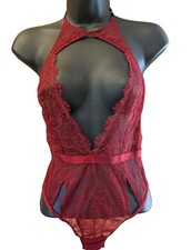 Victoria's Secret Teddy Bodysuit Thong Small Red Floral Lace Halter Sheer Plunge