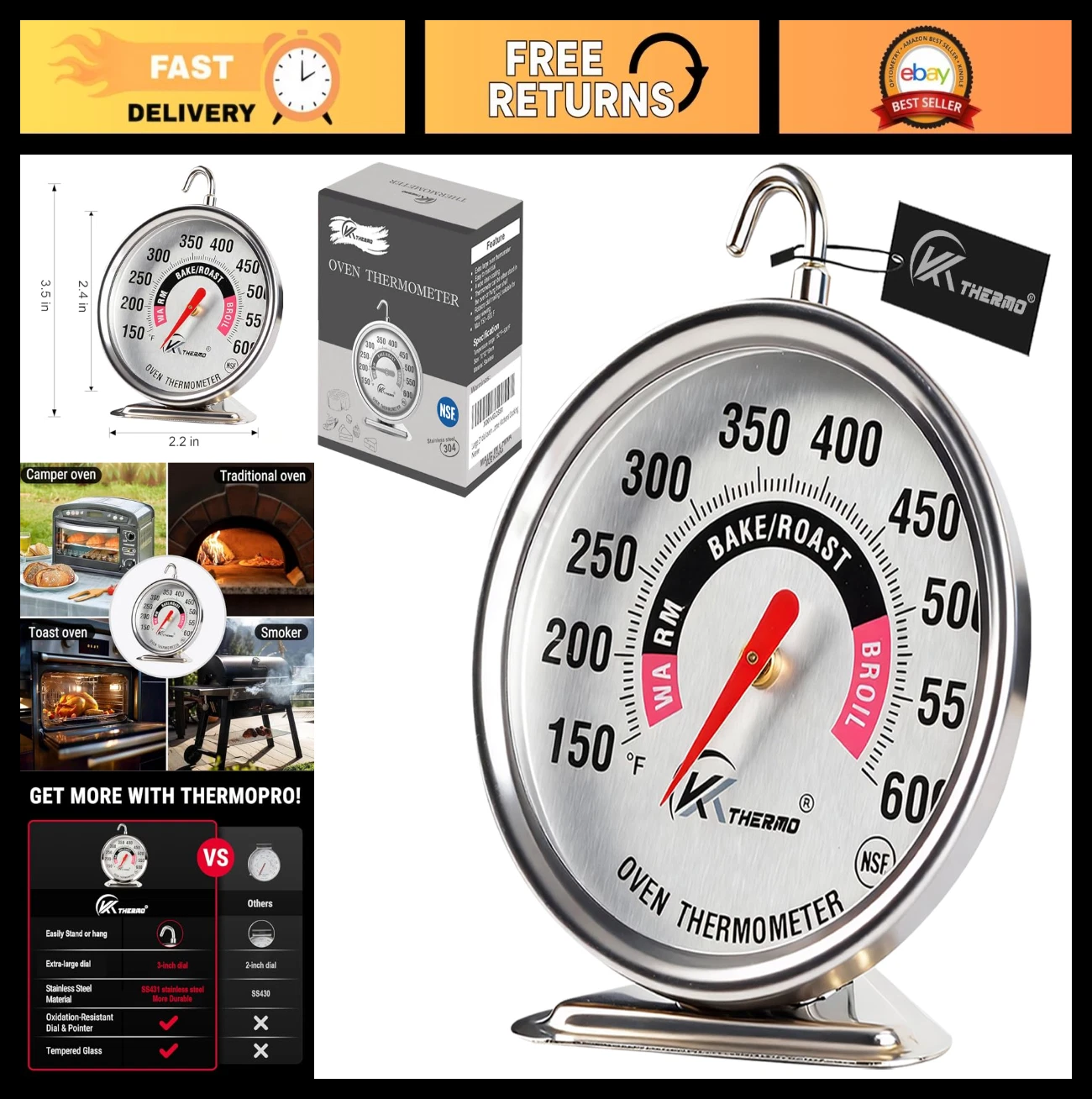 Accurate Oven Thermometer 150-600°F | Instant Read Temperature Gauge for Ovens