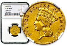 1860-S $3 Three Dollar Gold Indian Princess - NGC VF Details RARE!  CC913
