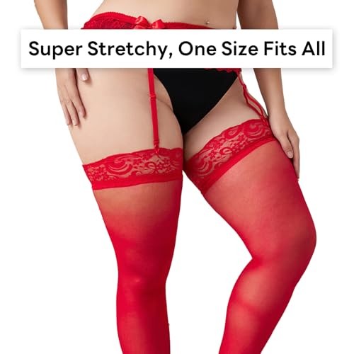 Plus Size Thigh High Stockings for Women with Lace Garter One Size Plus Red - Picture 4 of 8