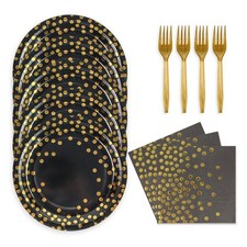 48PCS Black and Gold Plates and Napkins Party Supplies, Gold Dot Disposable P...