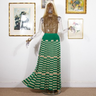 Vintage 70er Jahre Lurex Strick Maxi Faltenrock grün gold Schachbrett Größe Small
