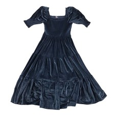 Baltic Born Blue Velvet Smocked Puff Sleeve Tiered Midi Dress Womens Size M