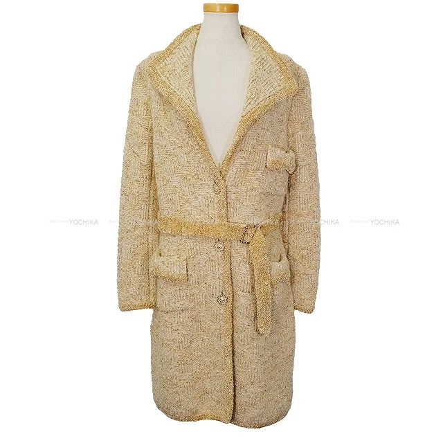 Chanel — CHANEL Coat Long Tweed Lion Button Yellow Polyester/Alpaca/Polyamide #38 Gol...