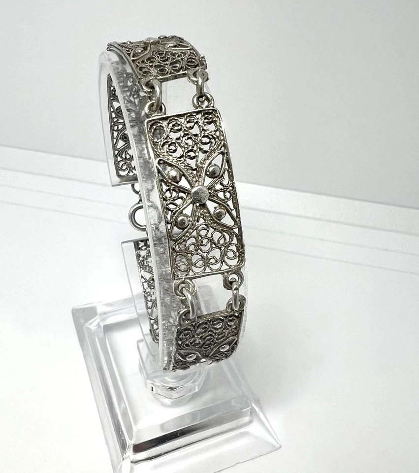 Антикварный серебряный филигранный браслет в стиле модерн ручной работы 835 серебро около 1900 F... - Изображение 3 из 4