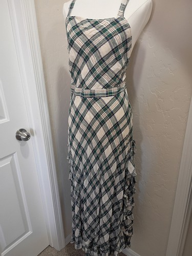 Max Studio London  Super Cute Plaid Grn/ Wht Maxi Ruffle Side Slits Dress