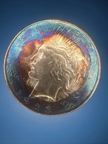 Peace Silver Dollar 1923 BU Monster Rainbow 🌈 Toning BLUE PURPLE RARE 💥 WOW💥