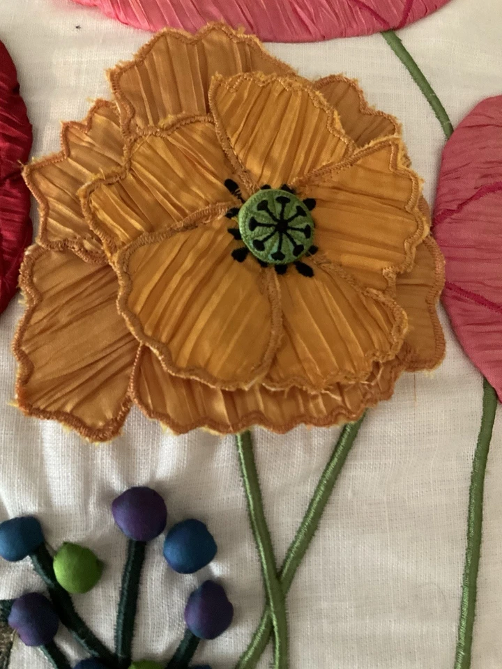 Mackenzie Childs Upscale RED POPPY 20"x20" Square PILLOW, Embroidered - Image 4 of 4