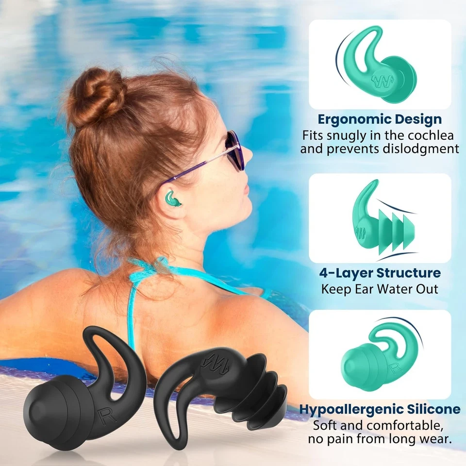 4-ПАРЫ водонепроницаемых плавательных берушей для взрослых многоразовые силиконовые с чехлами - Изображение 3 из 4