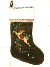 Vintage Christmas Embroidered Stocking Khaki Velvet Deer Jingle Bells 16"