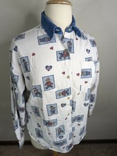 VTG 90S 20W XL TEDDY BEAR PRINT BUTTON UP TOP SHIRT BLOUSE WOMEN L3S