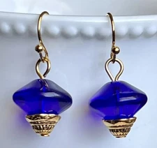 Gold Dangle Earrings. Ocean. Cobalt Blue Glass Beads.