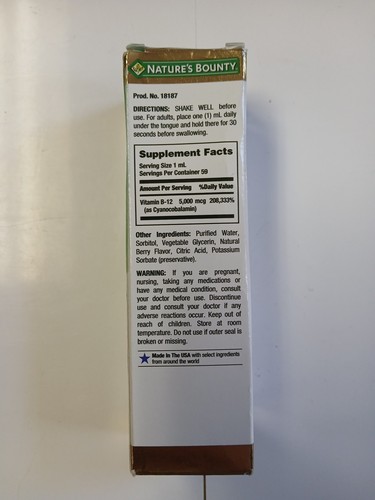 Nature's Bounty B-12 5000 mcg Sublingual Liquid Energy Health 2 Fl Oz Exp 07/26 - Picture 3 of 6