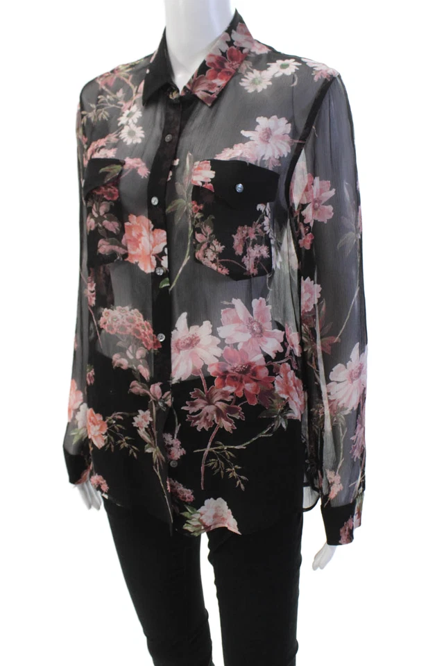 Blusa negra con botones con estampado floral de seda talla pequeña The Kooples para mujer Foto 2 de 4