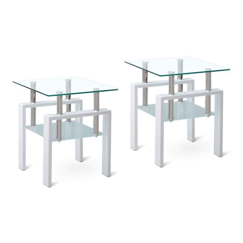 Tempered Clear Glass Side Table Double-Tiered with Storage Function