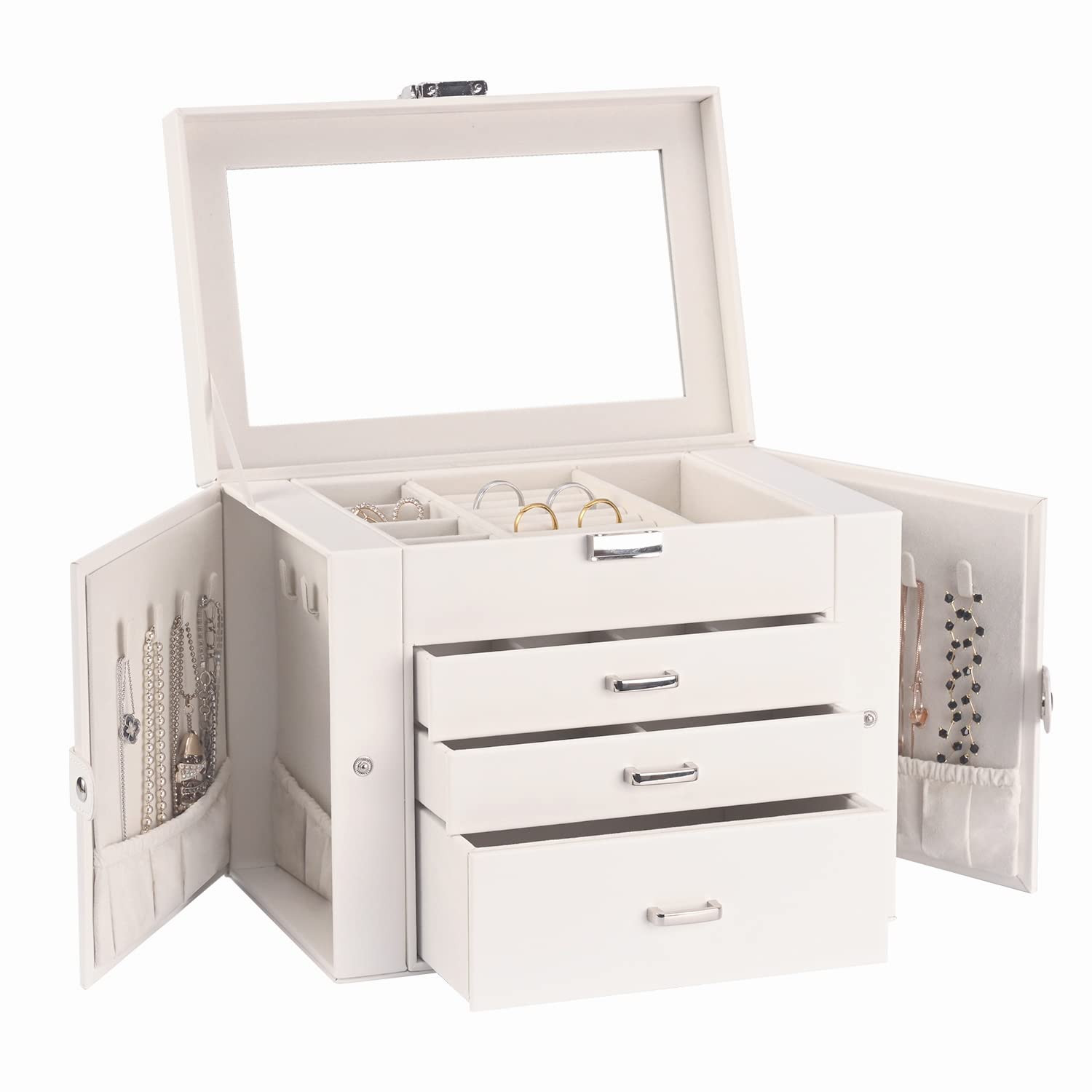 Jewelry Box for Women 4-layer Leather Large Organizer with Drawers&Mirror-image